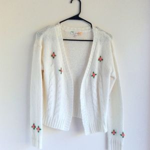 Women Cottagecore Floral Cable Knit Cardigan Sweater Embroidered Roses Pink